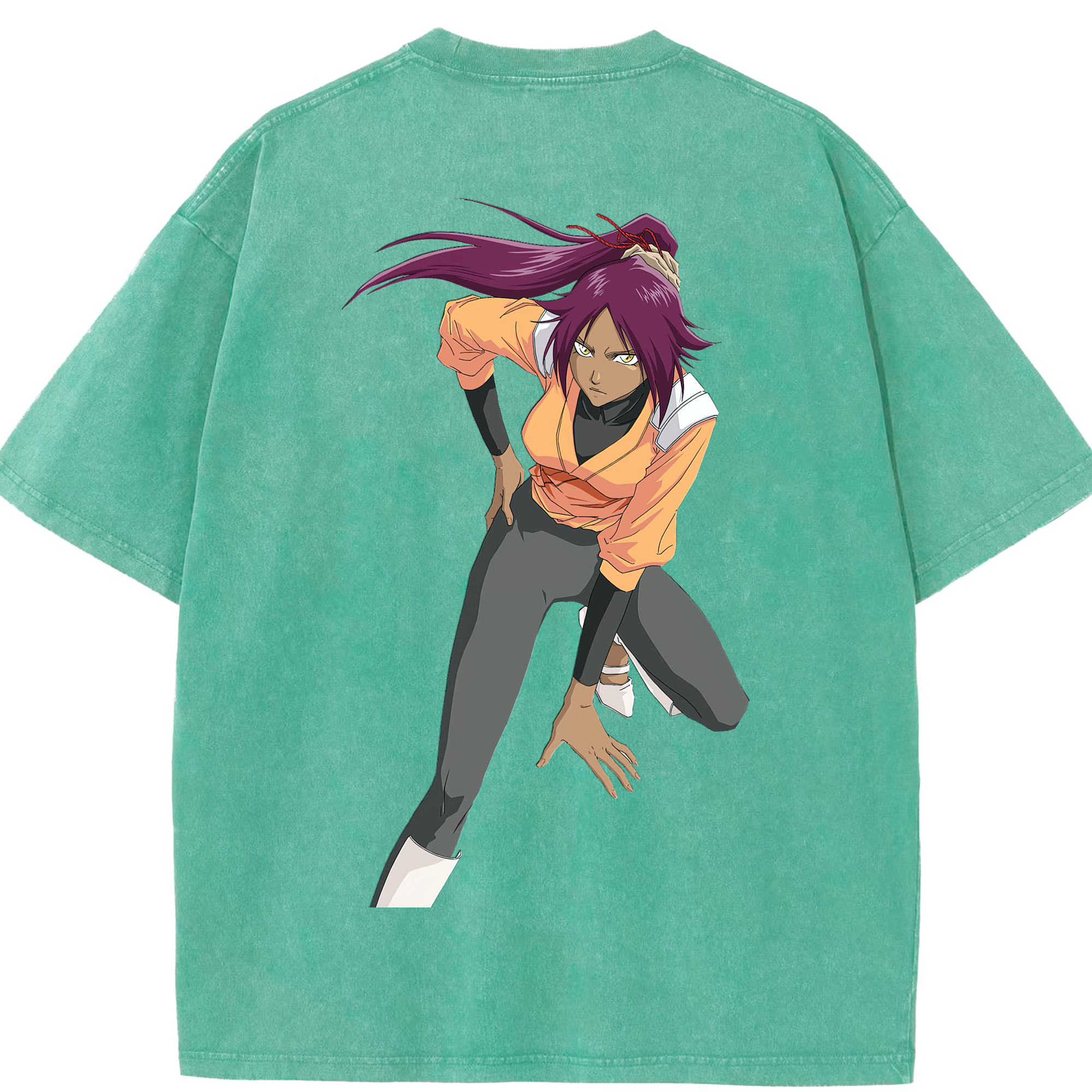 （画像用） ブリーチ 四楓院 夜一（しほういん よるいち） BLEACH Shihouin Yoruichi 綿100% ヴィンテージ風 半袖Tシャツ（背面プリント）